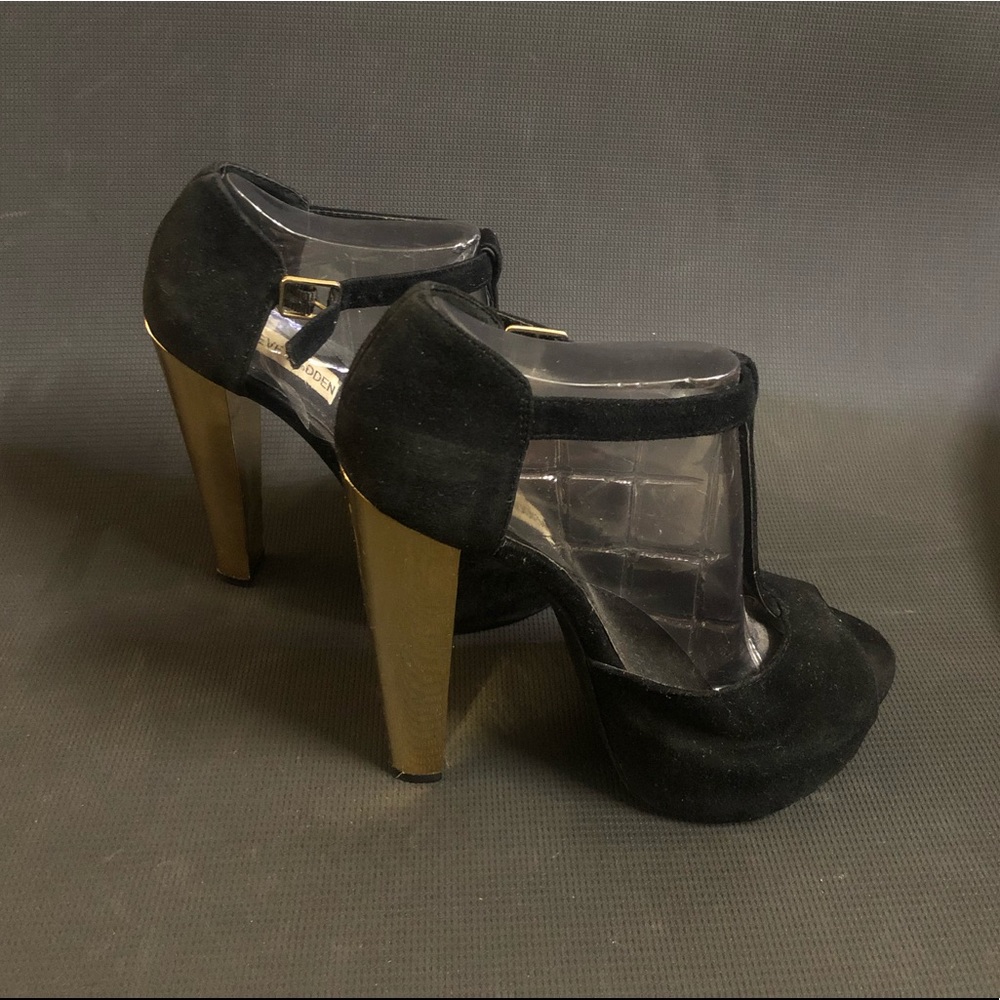 Steve Madden Stud-Heel Suede T-Strap Pump, Black/Gold
